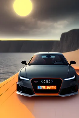 realistic, matte dark gray and orange themed audi rs7 2023, driving into  the sunset, beach on one side, mountains on the other side | Wallpapers.ai