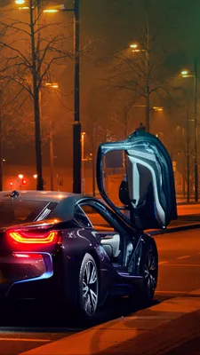 Скачать 938x1668 bmw i8, bmw, спорткар, суперкар, ночь, огни, город,  парковка обои, картинки iphone 8/7/6s/6 for parallax