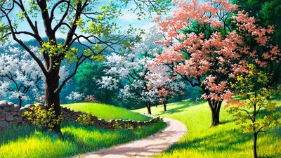 Spring Nature Painting Trees Grass Road, Весна, Природа, Рисованные,  Деревья, Трава, Дорога (1920x1200) - обои для рабочего стола