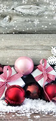 Christmas balls, gift, snowflakes, wood board 1242x2688 iPhone 11 Pro/XS  Max wallpaper, background, picture, image