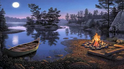 Костер около лодки на берегу озера - обои на телефон бесплатно. | Lake  landscape, Campfire games, Campfire