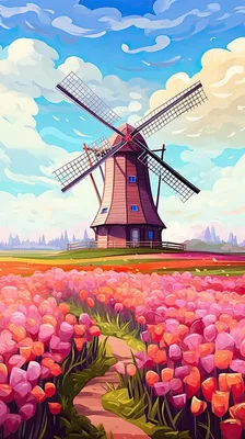 Картинка голландия ветряная мельница Keukenhof Природа 1080x1920