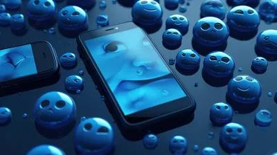 Android телефон окружен улыбающимися каплями воды, 3d синие смайлики,  плавающие на экране смартфона, Hd фотография фото фон картинки и Фото для  бесплатной загрузки