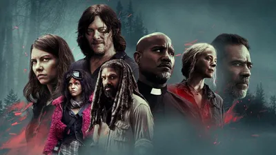 Обои на рабочий стол Герои сериала Ходячие мертвецы / The Walking Dead,  season 10 на фоне туманного ночного леса, обои для рабочего стола, скачать  обои, обои бесплатно